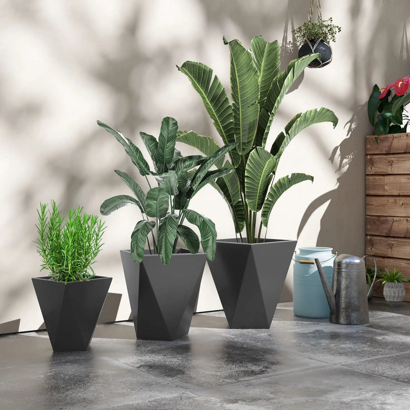 Outsunny - 18", 15.25", 11.75" Tall Planters (Set of 3), Indoor Outdoor Planters With Drainage Holes, Stackable Flower Pots For Garden, Patio, Balcony, Front Door - Gray by Unique Piece Furniture