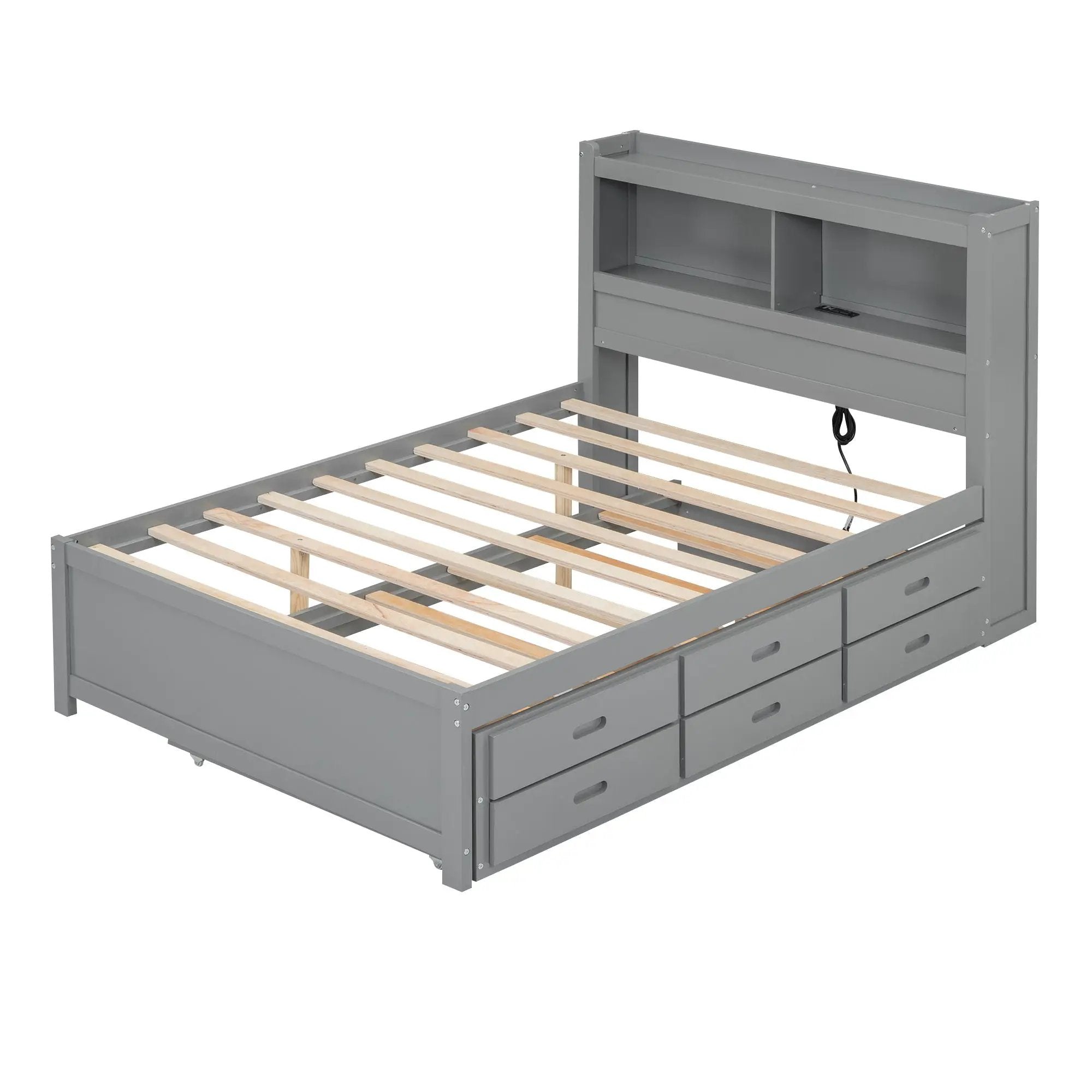 Full Size Platform Bed With Trundle, Drawers, USB Ports And Built In Shelves - Gray by HouseOfZazla