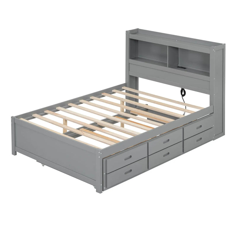 Full Size Platform Bed With Trundle, Drawers, USB Ports And Built In Shelves - Gray by HouseOfZazla