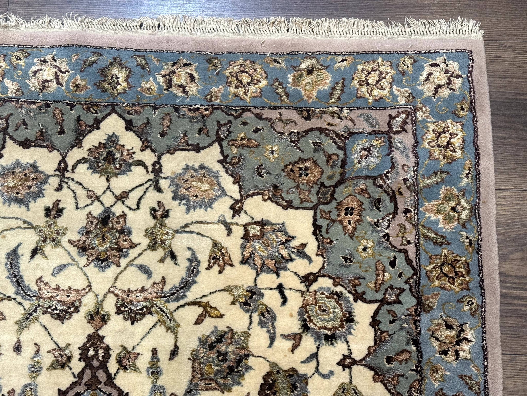 Persian Isfahan Rug 3x5, Fine 310 KPSI, Kork Wool Silk Foundation, Cream & Light Green by Jewel Rugs