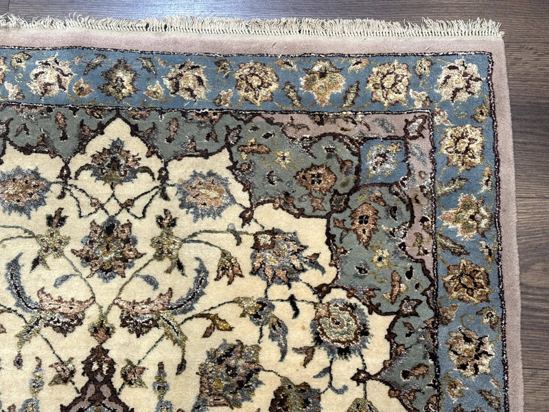 Persian Isfahan Rug 3x5, Fine 310 KPSI, Kork Wool Silk Foundation, Cream & Light Green by Jewel Rugs