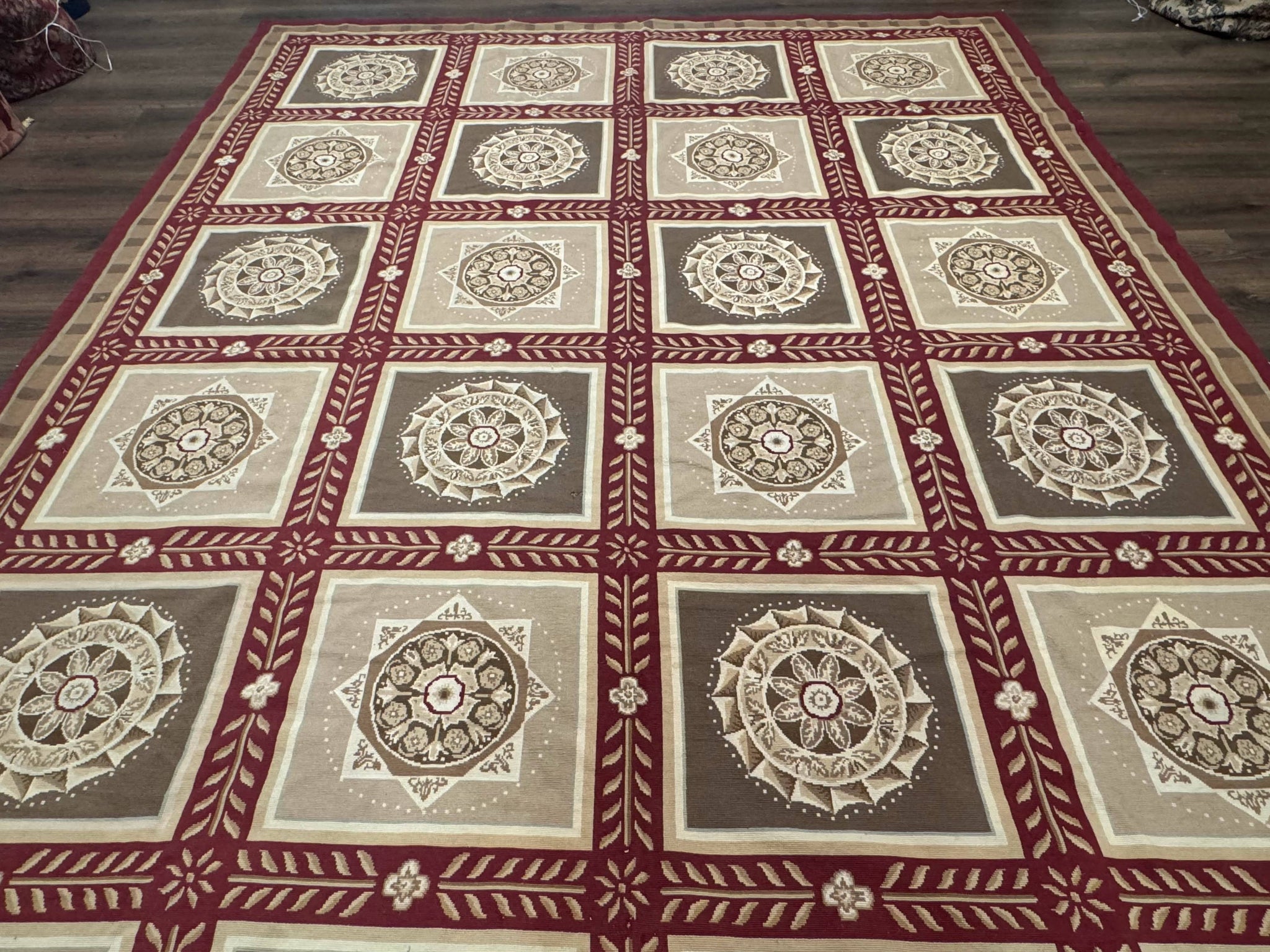 Needlepoint Rug 9x12, Panel Design, Burgundy Taupe, Elegant by Jewel Rugs