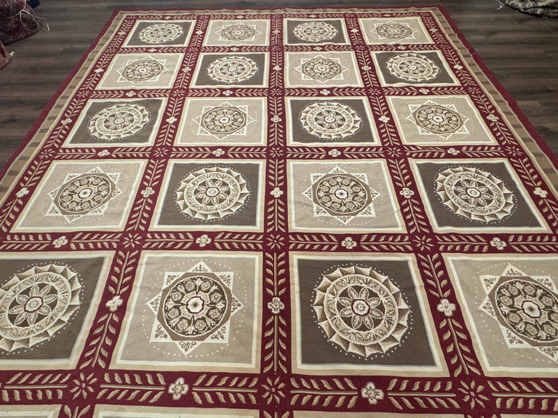 Needlepoint Rug 9x12, Panel Design, Burgundy Taupe, Elegant by Jewel Rugs
