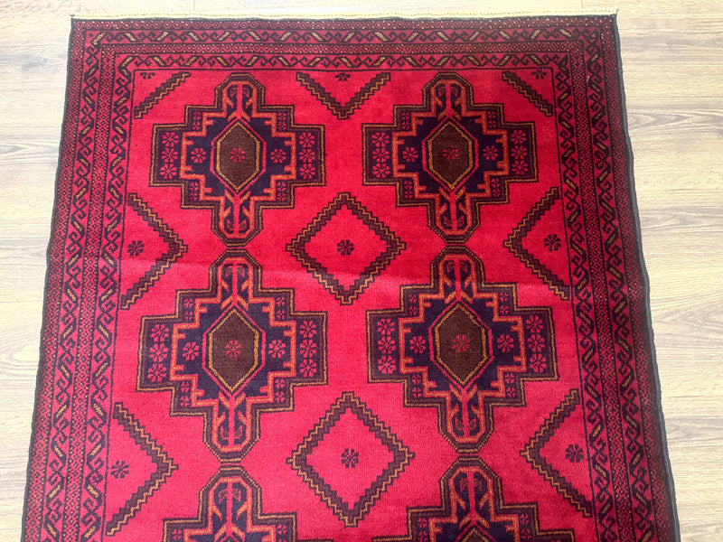 Afghan Rug 4x7, Tribal Carpet, Balouch Rug, Red and Navy Blue, Repeated Medallions, New by Jewel Rugs