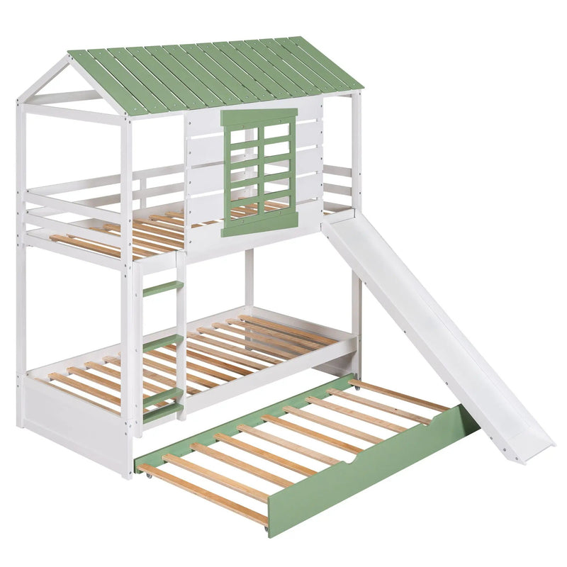 Twin Over Twin House Bunk Bed With Convertible Slide And Trundle - White by Unique Piece Furniture