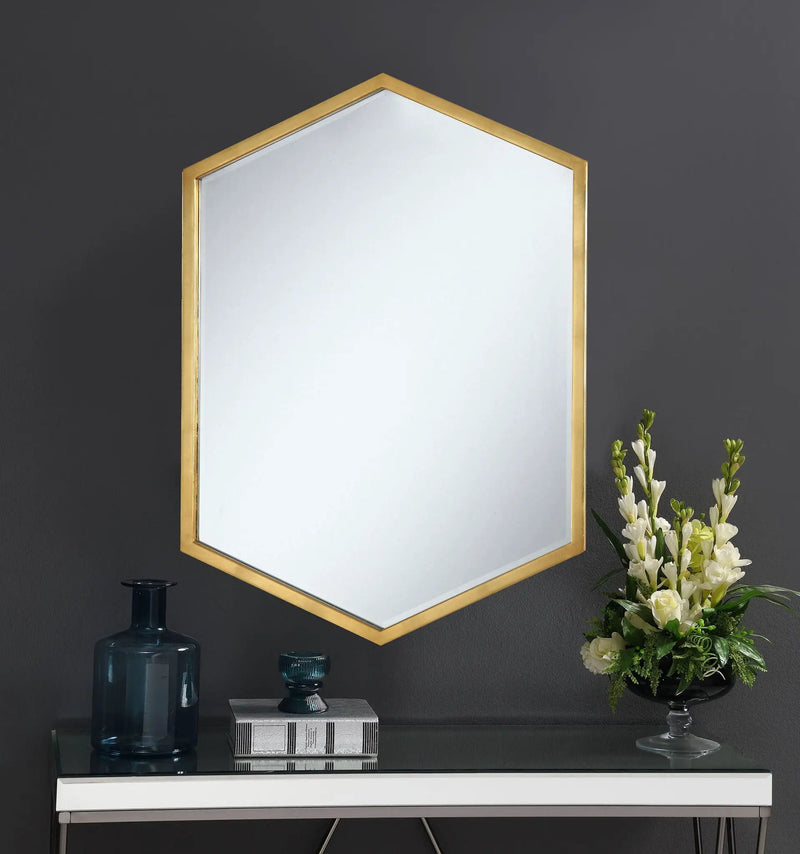 Bledel 24 x 34 Inch Hexagonal Wall Mirror Gold by Unique Piece Furniture