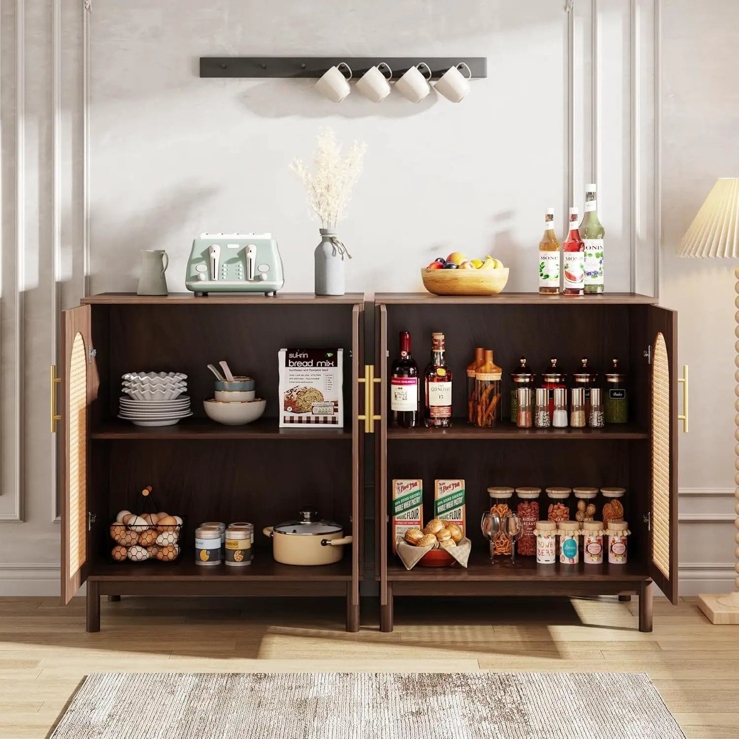 Sideboard Buffet Cabinet With Handwoven Rattan Doors (Set of 2) - Dark Brown by HouseOfZazla
