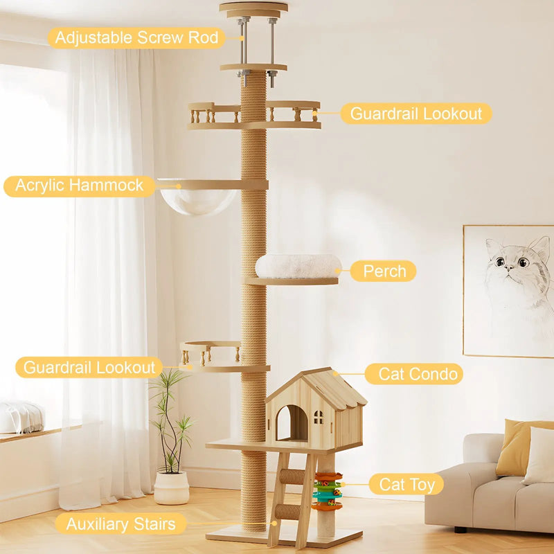 Floor to Ceiling Cat Tree with Adjustable Height and Condo Cave Bed by HouseOfZazla