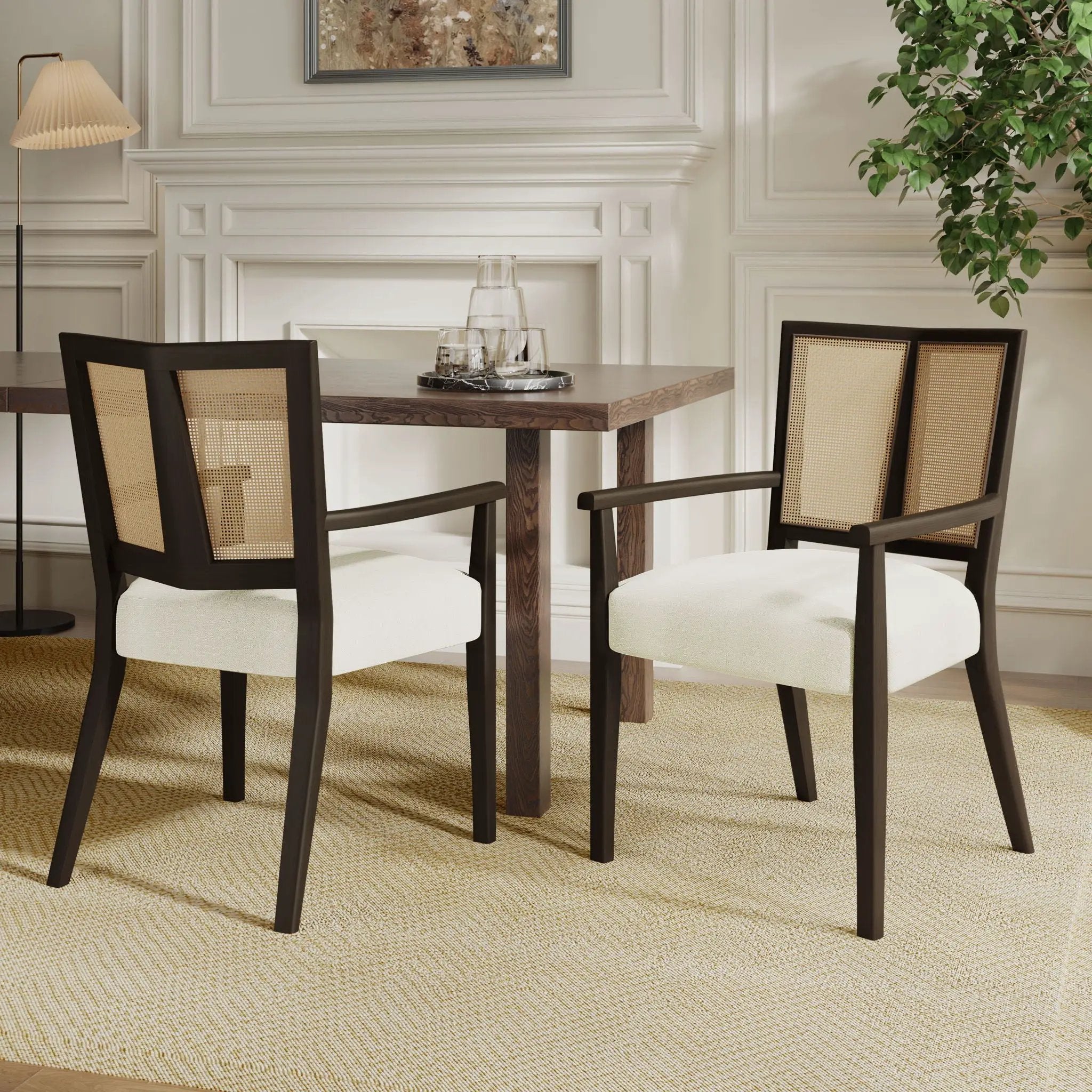 Mid Century Modern Arm Dining Chair Set With Rattan Backrest by HouseOfZazla