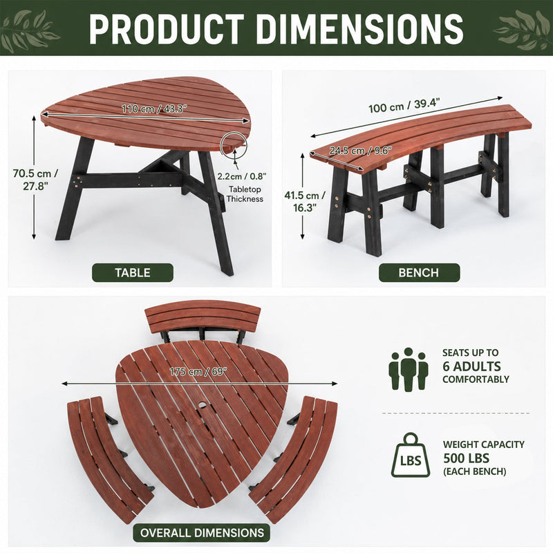 6-Person Semi-Circular Outdoor Solid Fir Wood Picnic Table Set, Rustic by HouseOfZazla