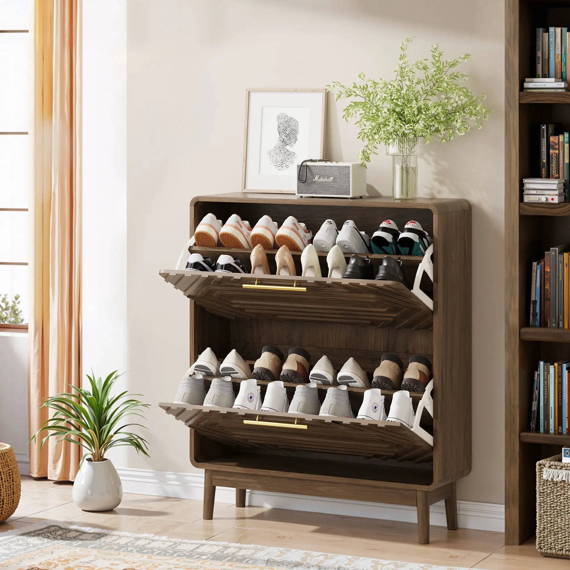 Freestanding Shoe Cabinet With 2 Flip Top Drawers For Entryway - Walnut by Unique Piece Furniture
