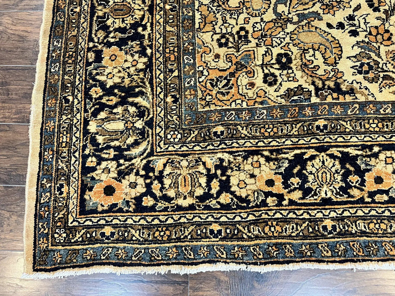 Antique Persian Rug 9x11, Wool Handmade 1920s Oriental Carpet, Persian Hamadan Anjelas Rug, Cream Black, Floral Allover Oriental Rug 9 x 11 Room Sized Rug by Jewel Rugs