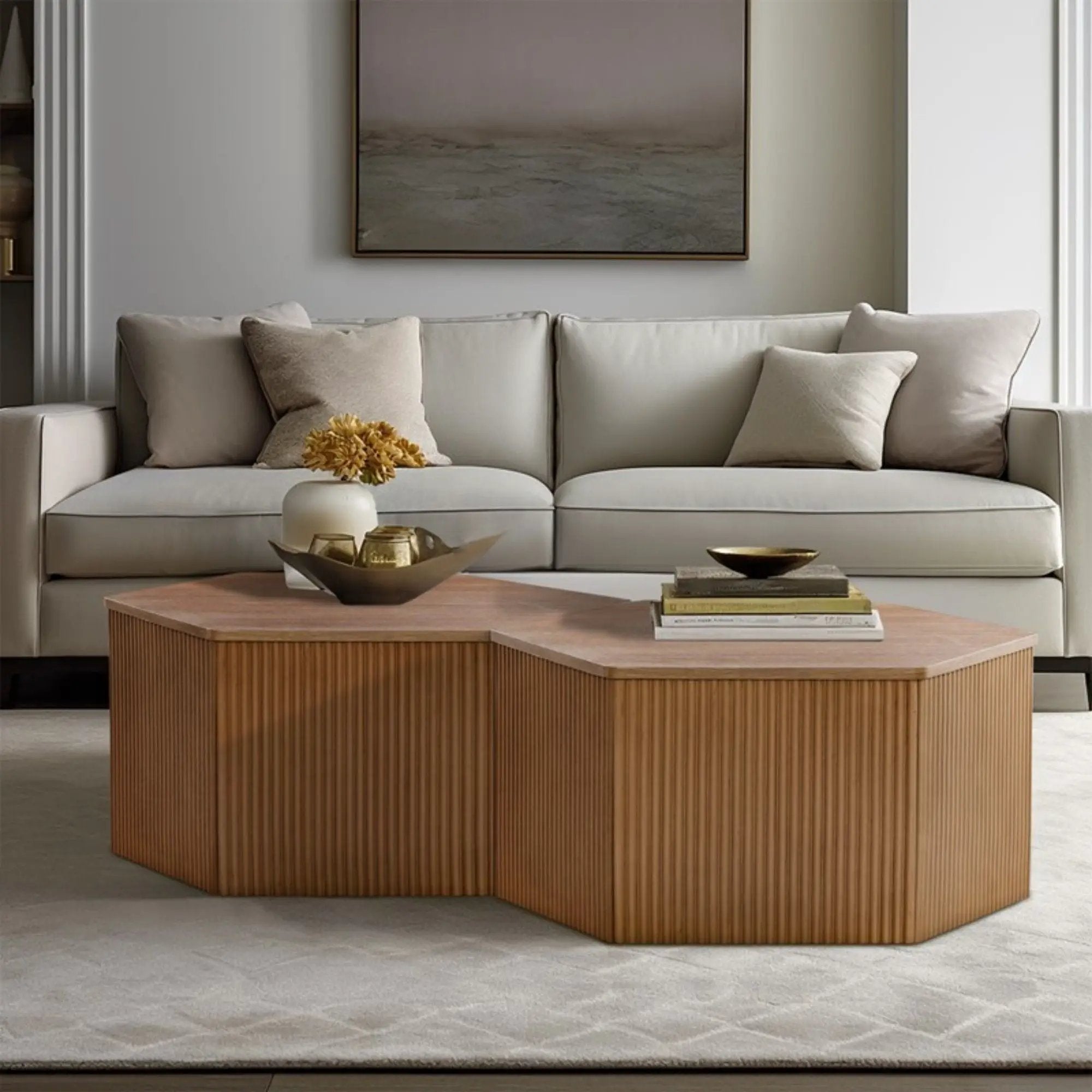 Hexagon Coffee Table With Fluted Design - Natural by Unique Piece Furniture