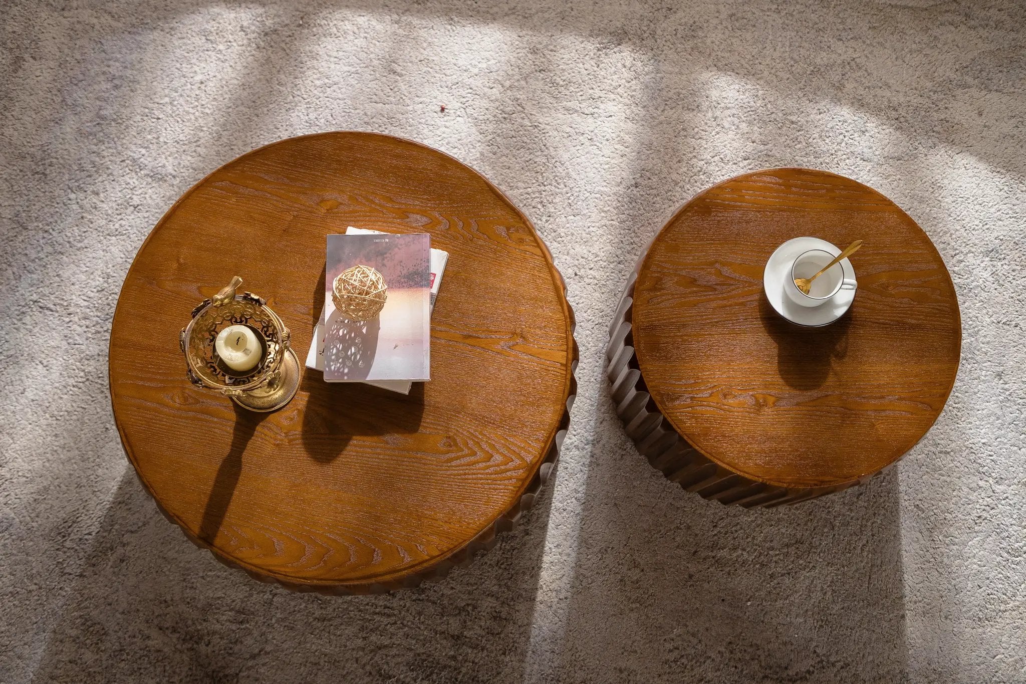 Set of 2 Fluted Round Coffee Tables - Mid-Century Modern Wood by HouseOfZazla