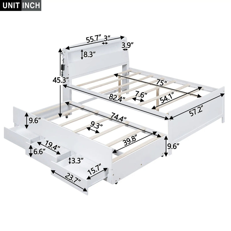 Full Size Platform Bed With Storage LED Headboard, Twin Trundle And 3 Drawers - White by Unique Piece Furniture