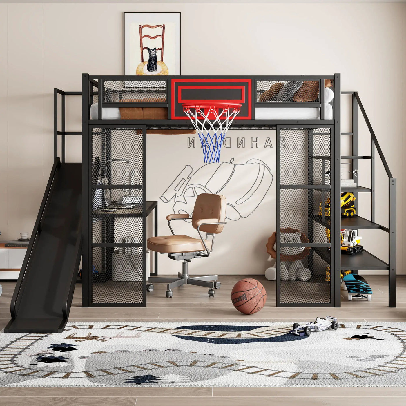 Loft Bed With Built In Desk, Open Wardrobe, Basketball Hoop, Slide And Staircase by HouseOfZazla