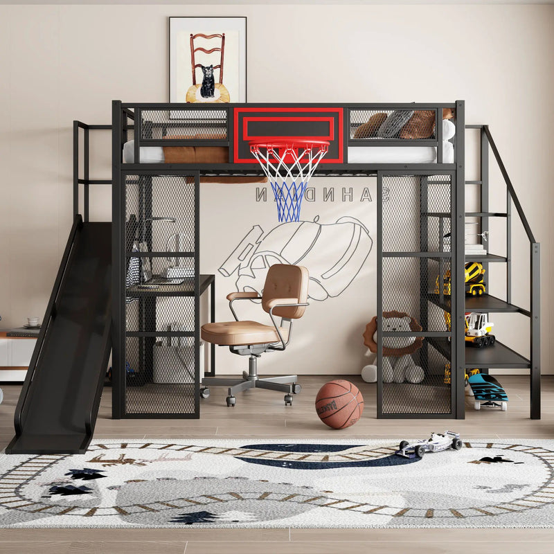 Loft Bed With Built In Desk, Open Wardrobe, Basketball Hoop, Slide And Staircase by HouseOfZazla