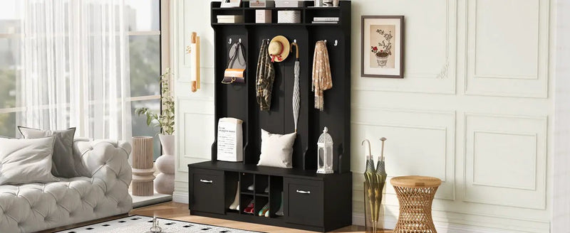 5 In 1 Entryway Bench With Coat Rack, 7 Sturdy Hooks, 2 Spacious Drawers And Adjustable Shelves by HouseOfZazla