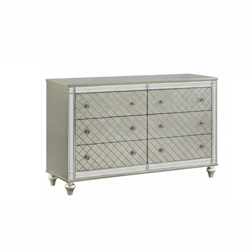 6 Drawer Bedroom Dresser With Diamond Patterned Drawer Fronts - Silver by Unique Piece Furniture