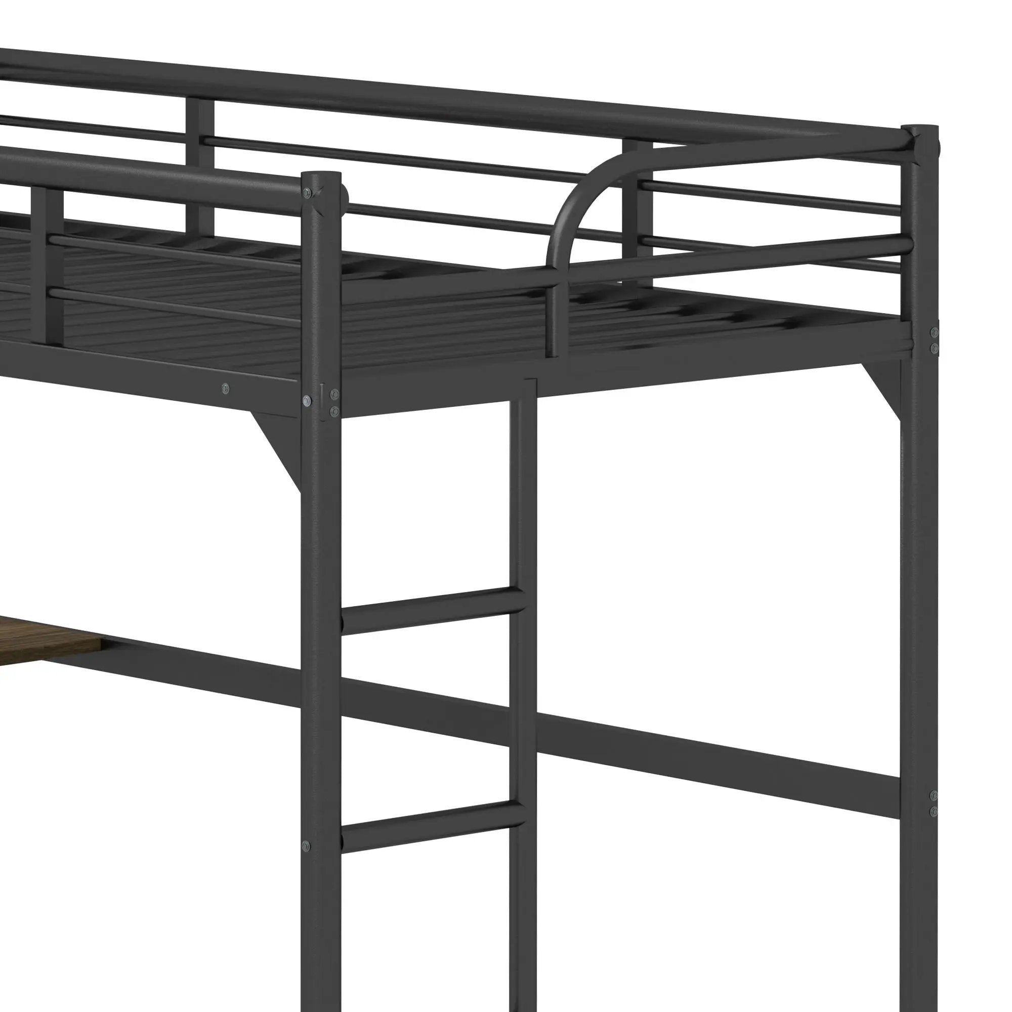 Twin Metal Loft Bed With Desk, Ladder And Guardrails, Bookdesk Under Bed - Black by HouseOfZazla