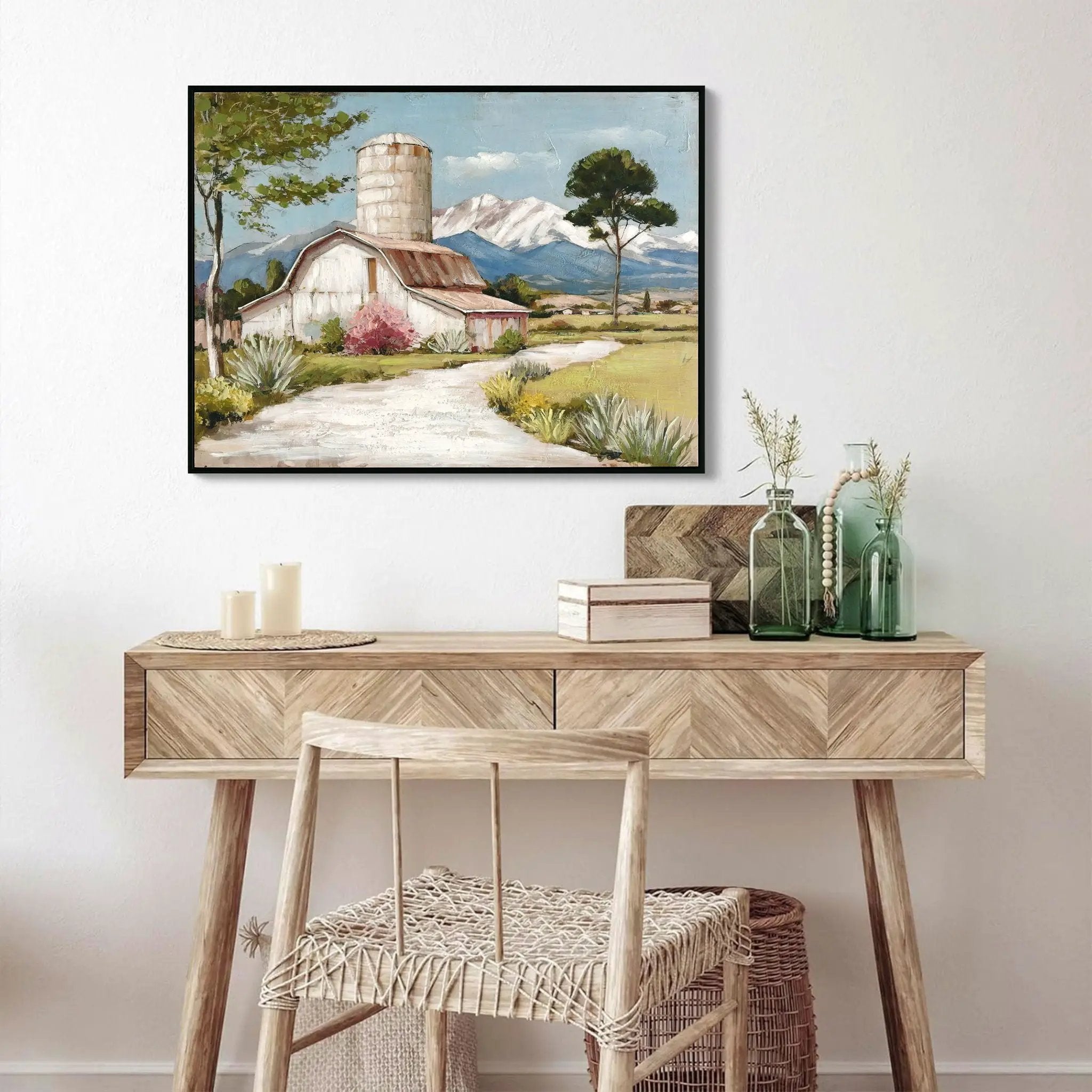 Framed Canvas Wall Art Beautiful Field Painting Wildflower Barn Print Nature Scenery Picture For Home - Blue / Pink by Unique Piece Furniture