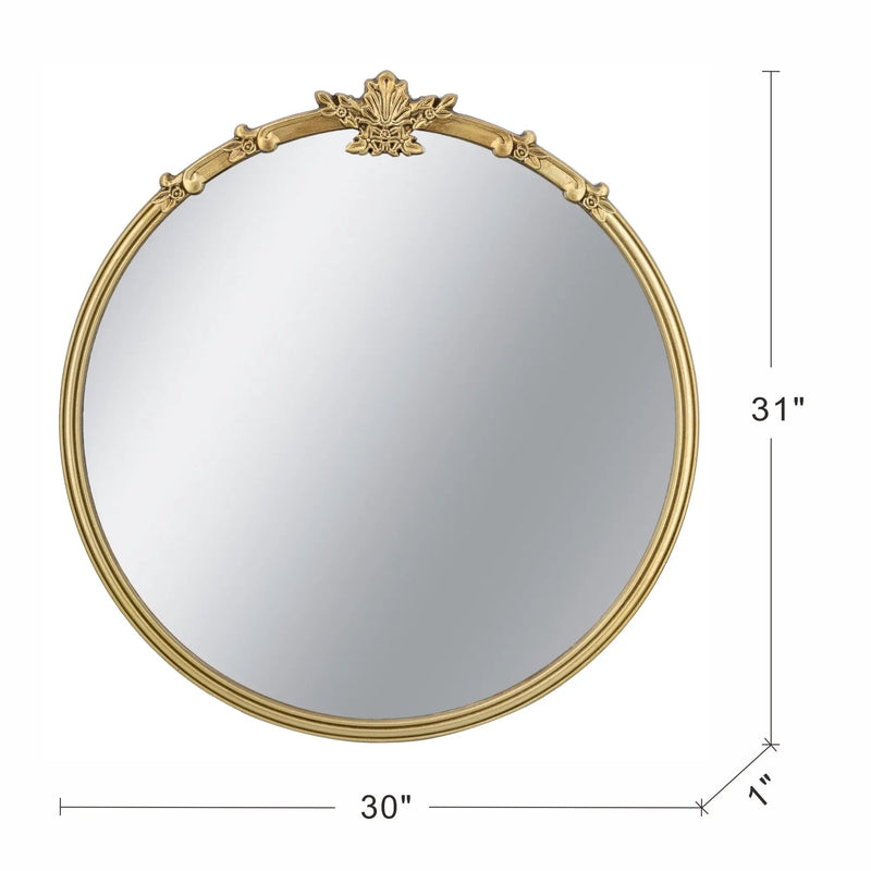30x31" Round Wall Mirror with Gold Finish and Decorative Leaf Crest by HouseOfZazla