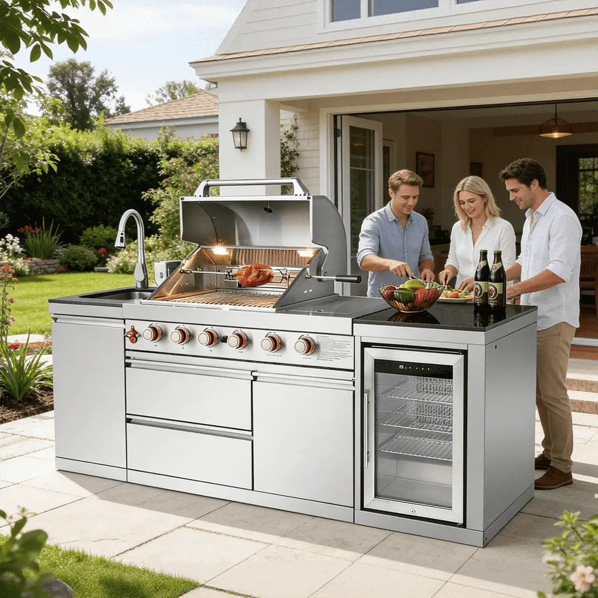 85.2" 4+1 Burner 71500 BTU Silver Outdoor Kitchen Island Grill + Sink + Refrigerator by Chery Industrial