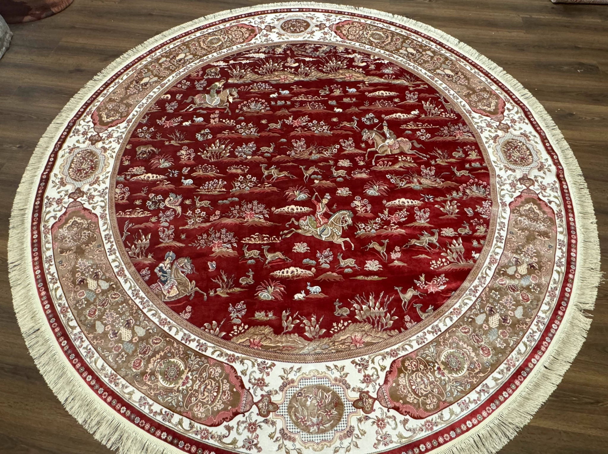 Large Round Turkish Silk Rug 8x8, Hunting Design, Dark Red & Ivory, Bamboo Silk by Jewel Rugs