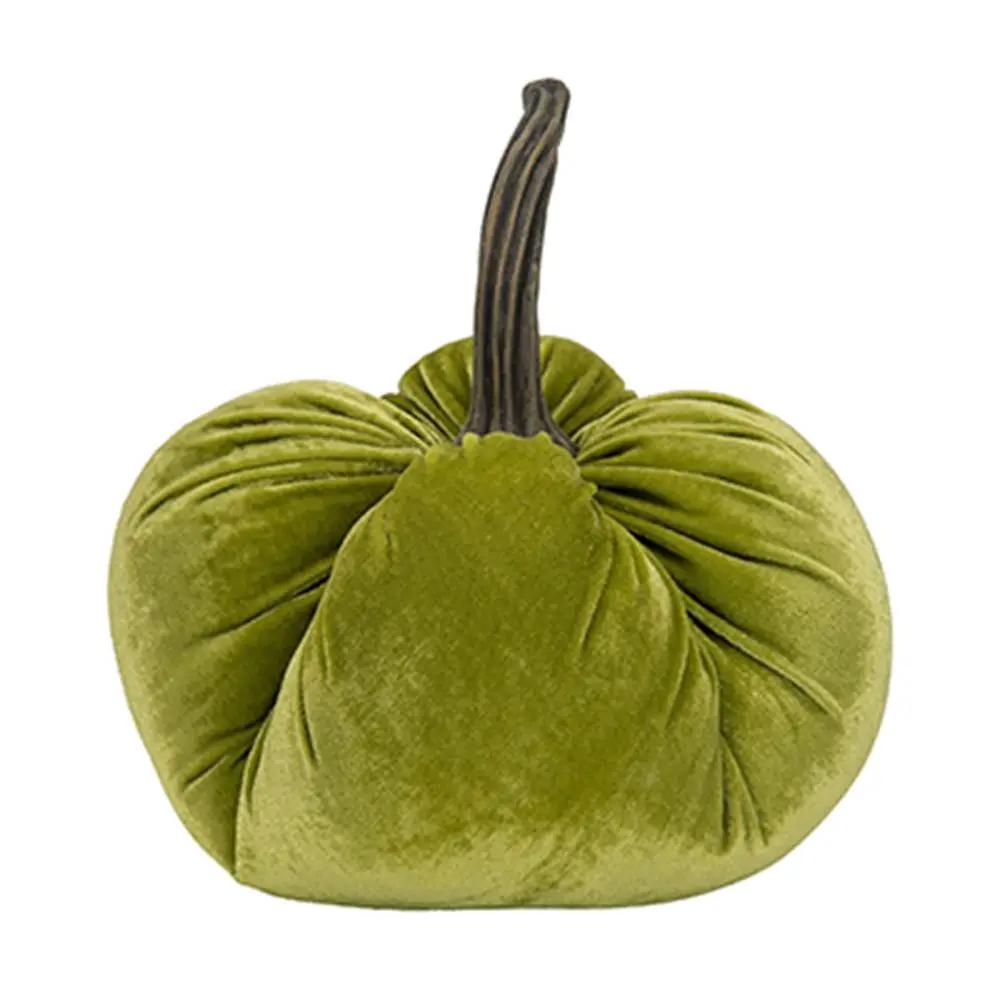 Velvet Weighted Pumpkin With Resin Stem Apple, Pumpkin Ornament Decor For Holiday Harvest Festival Fall Festival & Thanksgiving (Set of 2) - Green by Unique Piece Furniture