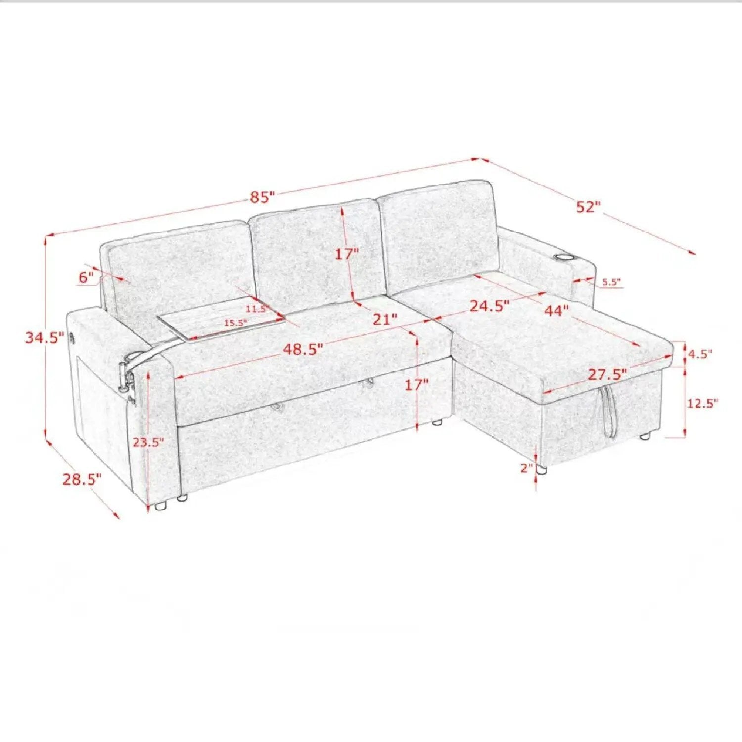 Multi Functional Pull Out Bed Sofa With Retractable Table, LED Lighting, USB Charging Ports & Cup Holders by HouseOfZazla