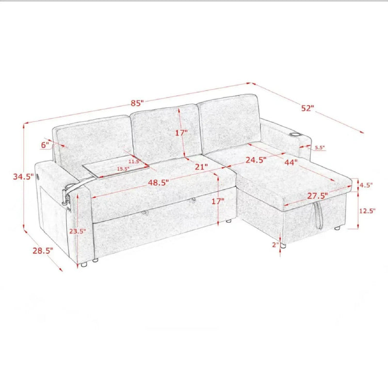 Multi Functional Pull Out Bed Sofa With Retractable Table, LED Lighting, USB Charging Ports & Cup Holders by HouseOfZazla