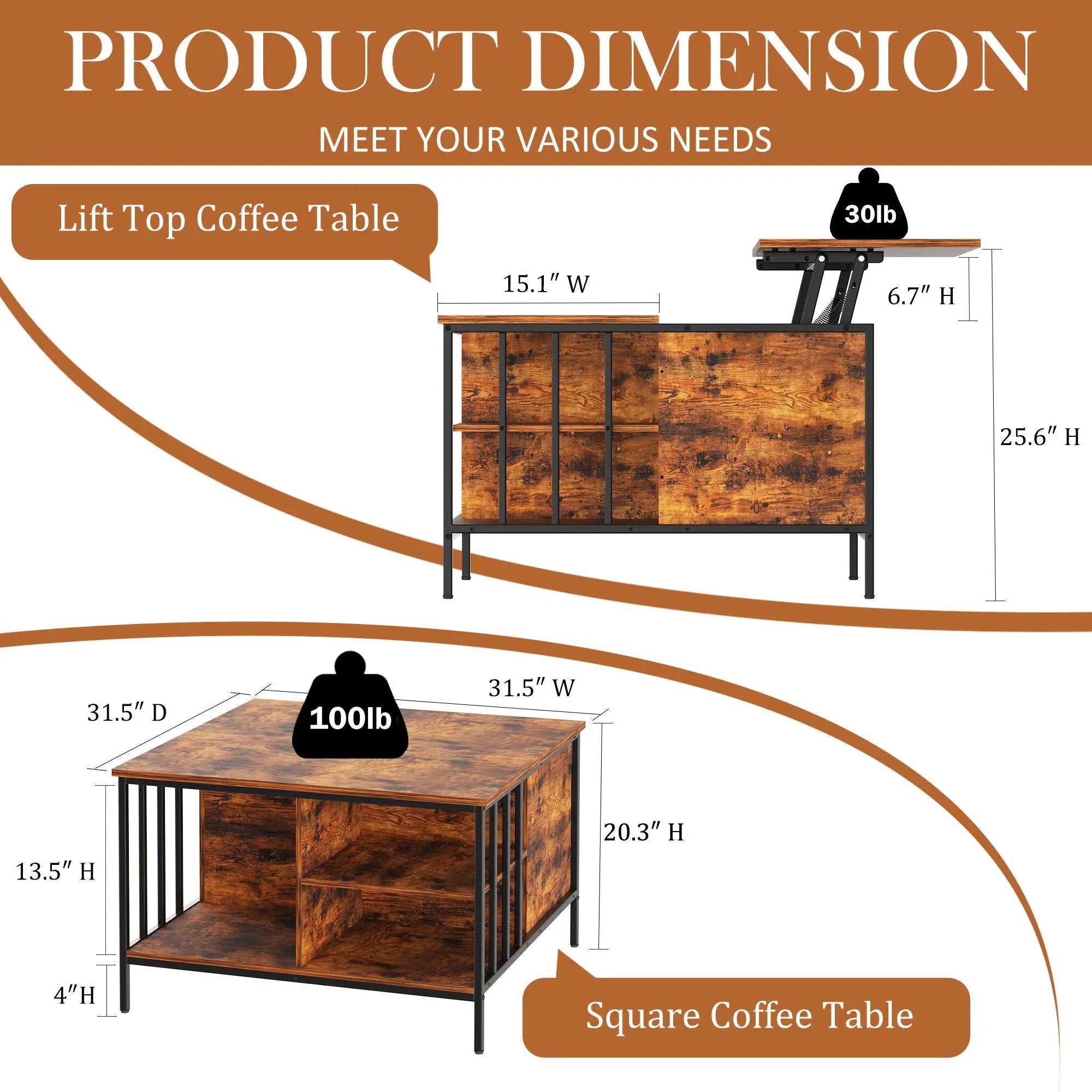 Lift Top Coffee Table With Storage, Adjustable Height Living Room - Black / Brown by Unique Piece Furniture