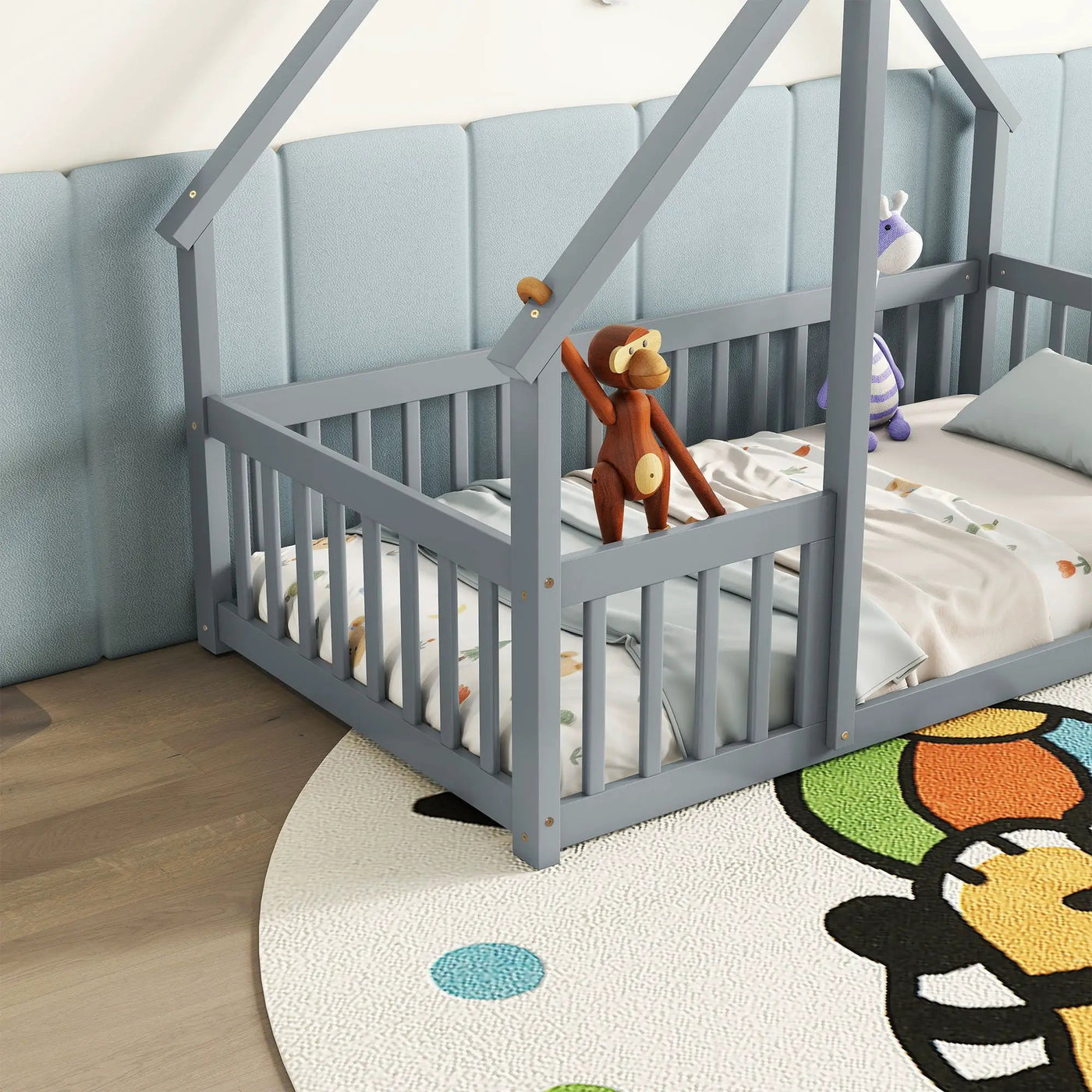 Wood House-Shaped Floor Bed With Fence, Guardrails by Unique Piece Furniture