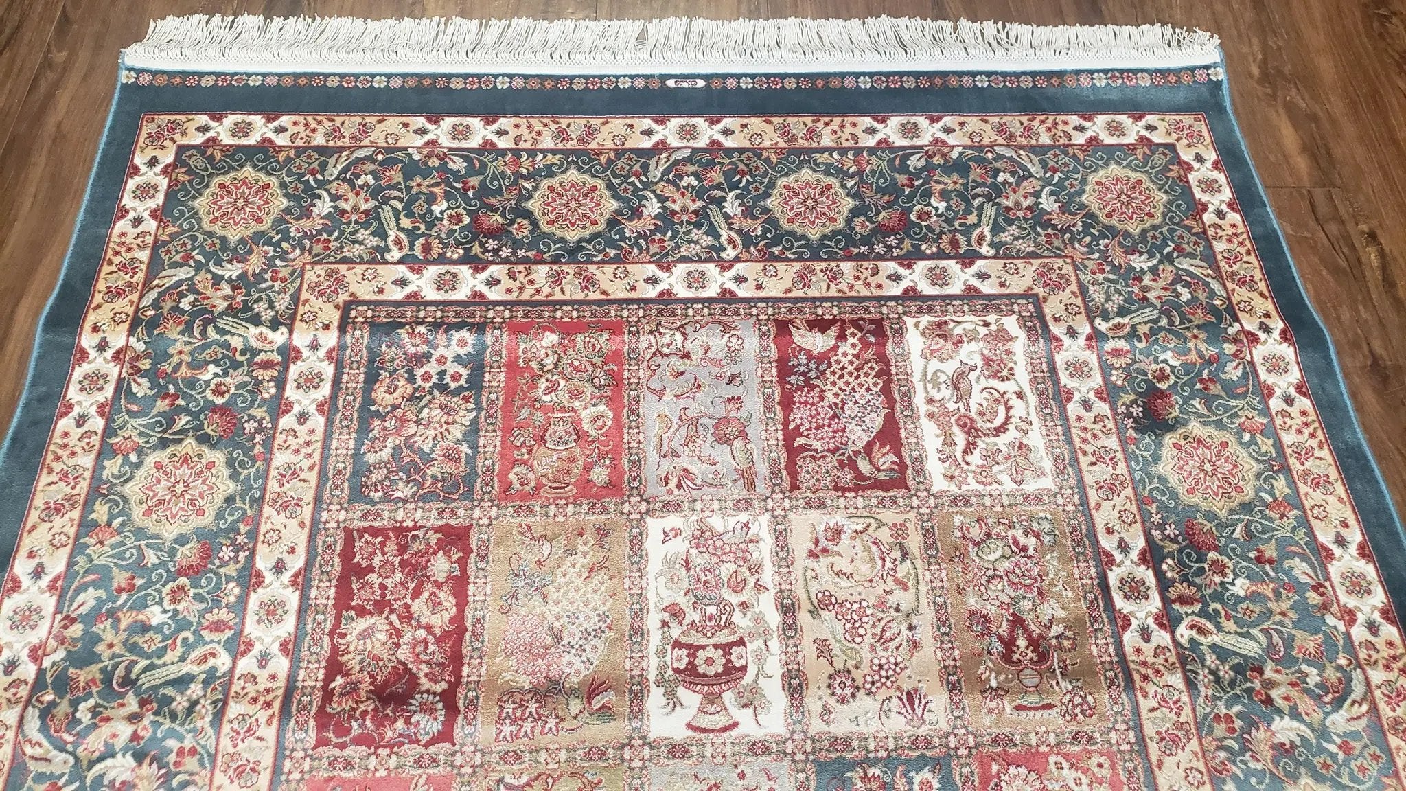 Silk Carpet 4x6 Blue, Panel Design, Four Seasons Pattern, Super Fine & Soft, Bamboo Silk, 4 x 6 Oriental Area Rug, High Quality, New Rug by Jewel Rugs