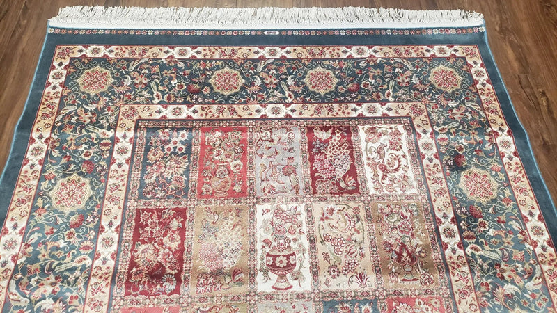 Silk Carpet 4x6 Blue, Panel Design, Four Seasons Pattern, Super Fine & Soft, Bamboo Silk, 4 x 6 Oriental Area Rug, High Quality, New Rug by Jewel Rugs