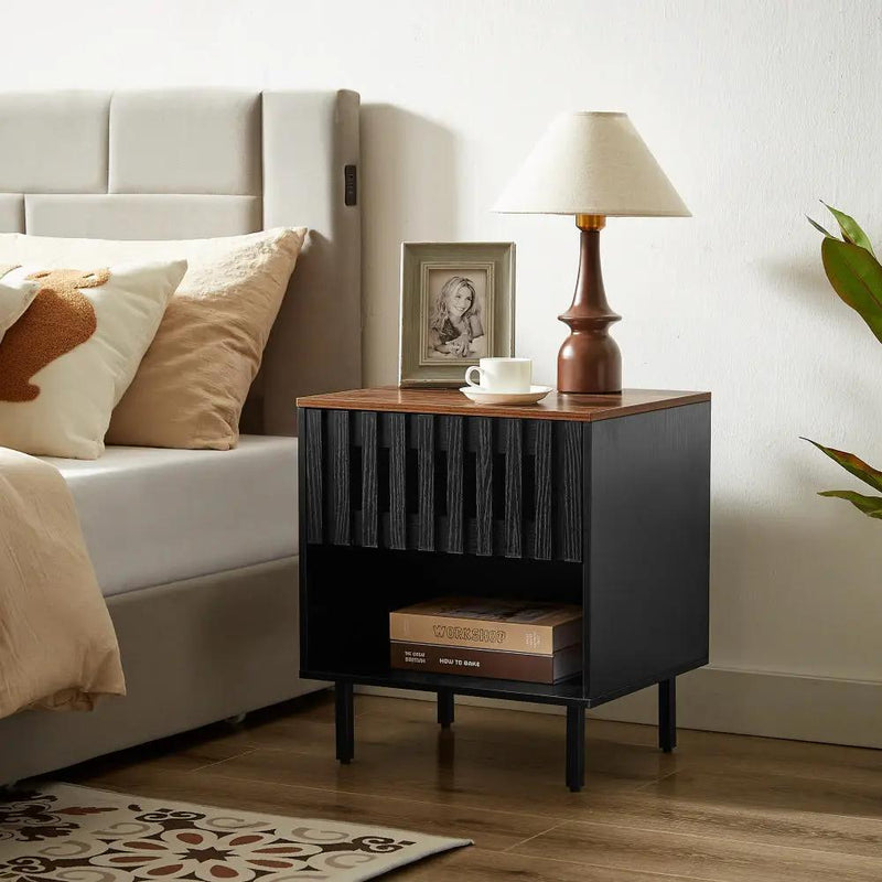 Set of 2 Mid Century Modern Nightstand with Grille Striped Doors, by BLAKHOM