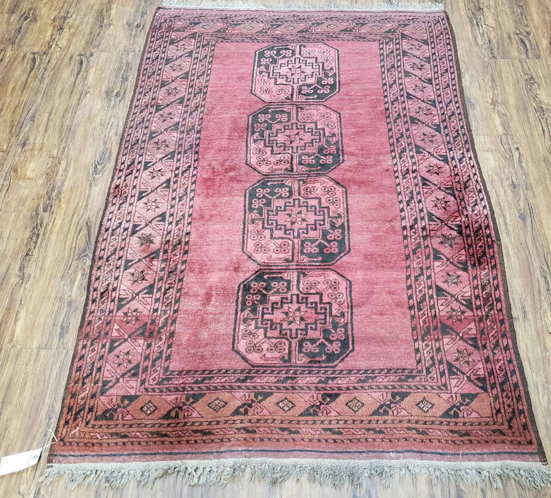Antique Bukhara Area Rug, Vintage Afghan Bokhara Bashir Rug, 4x6 Hand-Knotted Oriental Carpet, Red & Black Wool Rug, 4' x 5'9 by Jewel Rugs