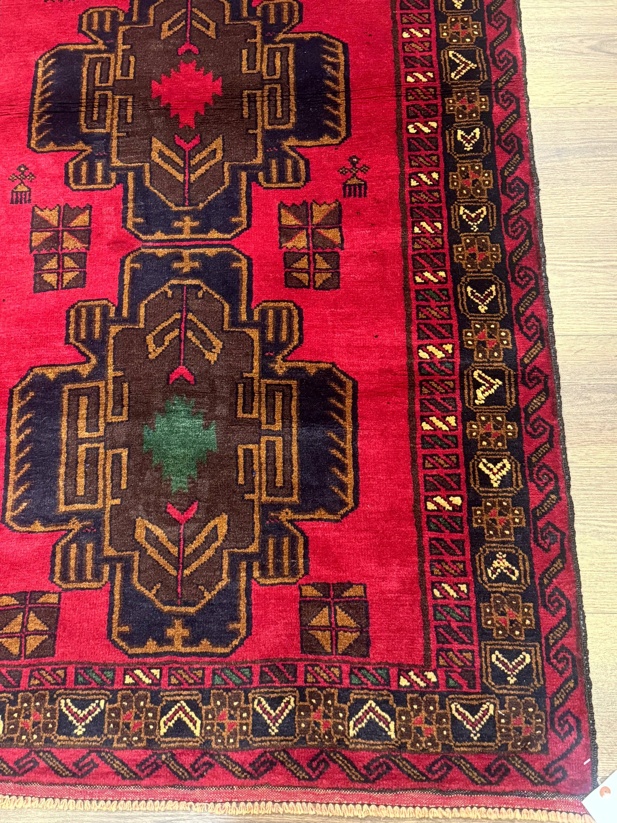 Red Afghan Balouch Rug 4x7, Triple Medallions, Handmade, New by Jewel Rugs