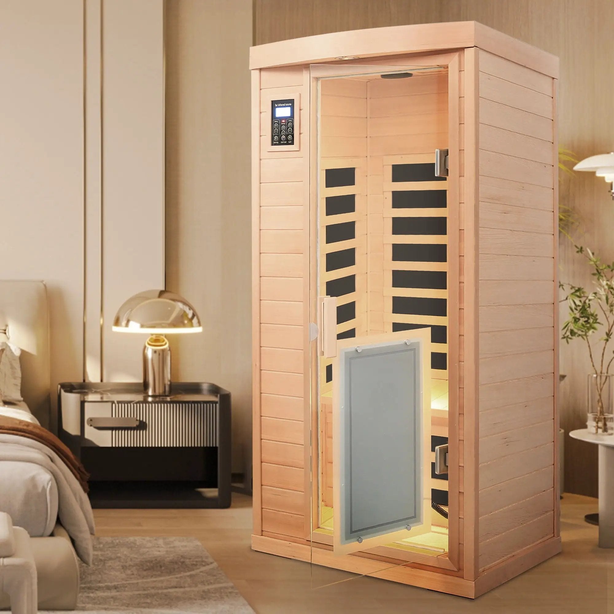 Low Emf Front Door With Heating Panel 1 People Hemlock Far Infrared Indoor Sauna Room - Natural by HouseOfZazla