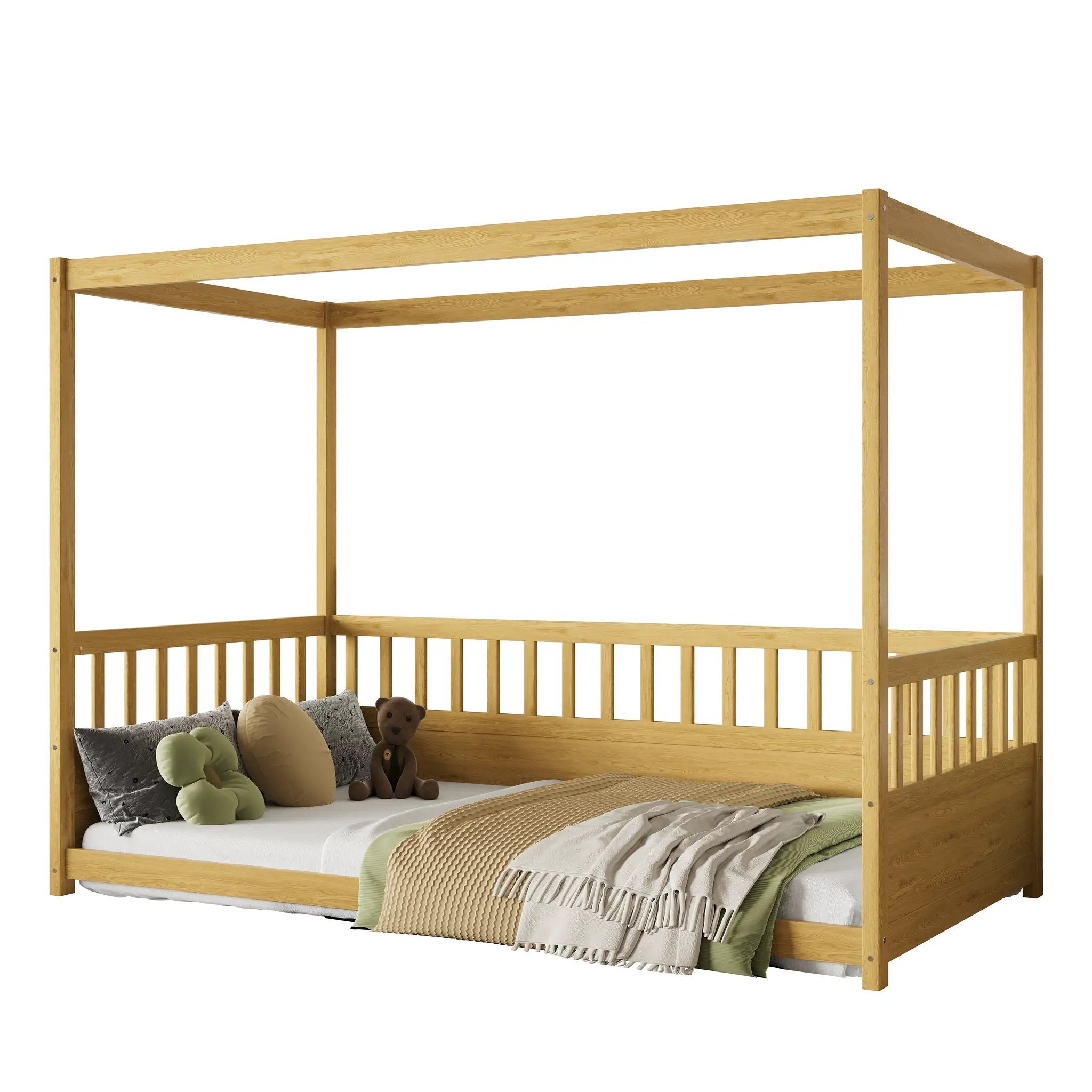 Twin Size Canopy Bed Frame with Guardrails for Kids by HouseOfZazla
