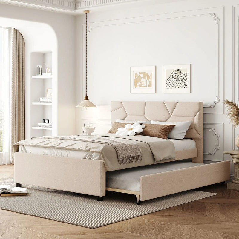 Upholstered Platform Bed With Brick Pattern Headboard And Twin Long Size Trundle by HouseOfZazla