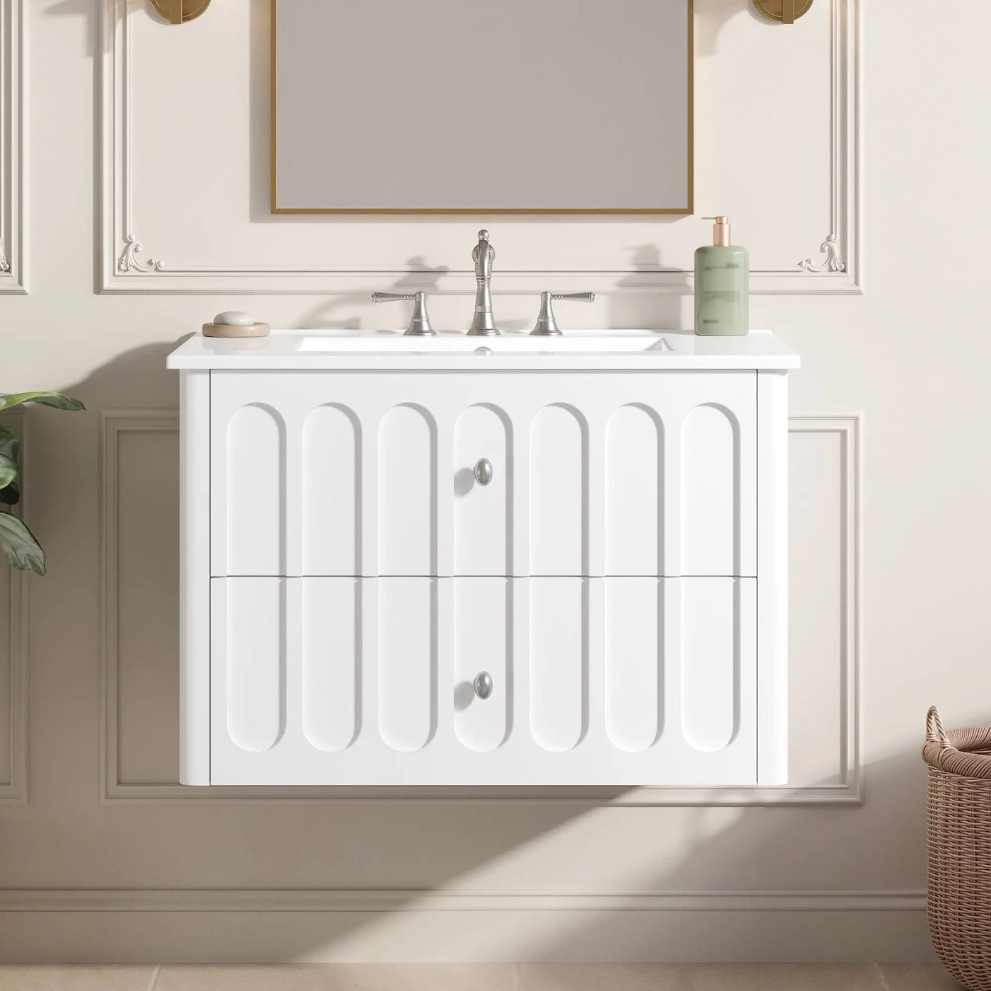 Floating Bathroom Vanity With Oval Knobs & Round Edge, Soft Close Drawer Slides by Unique Piece Furniture