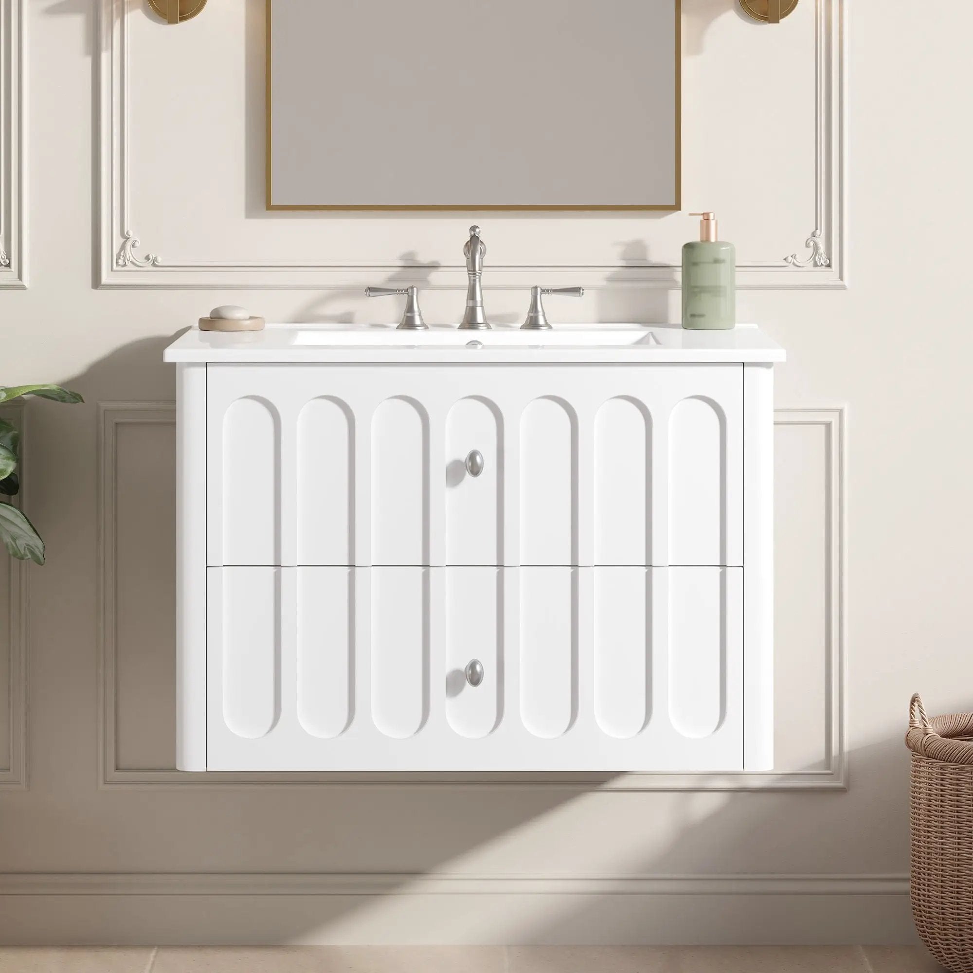 Floating Bathroom Vanity With Oval Knobs & Round Edge, Soft Close Drawer Slides by Unique Piece Furniture
