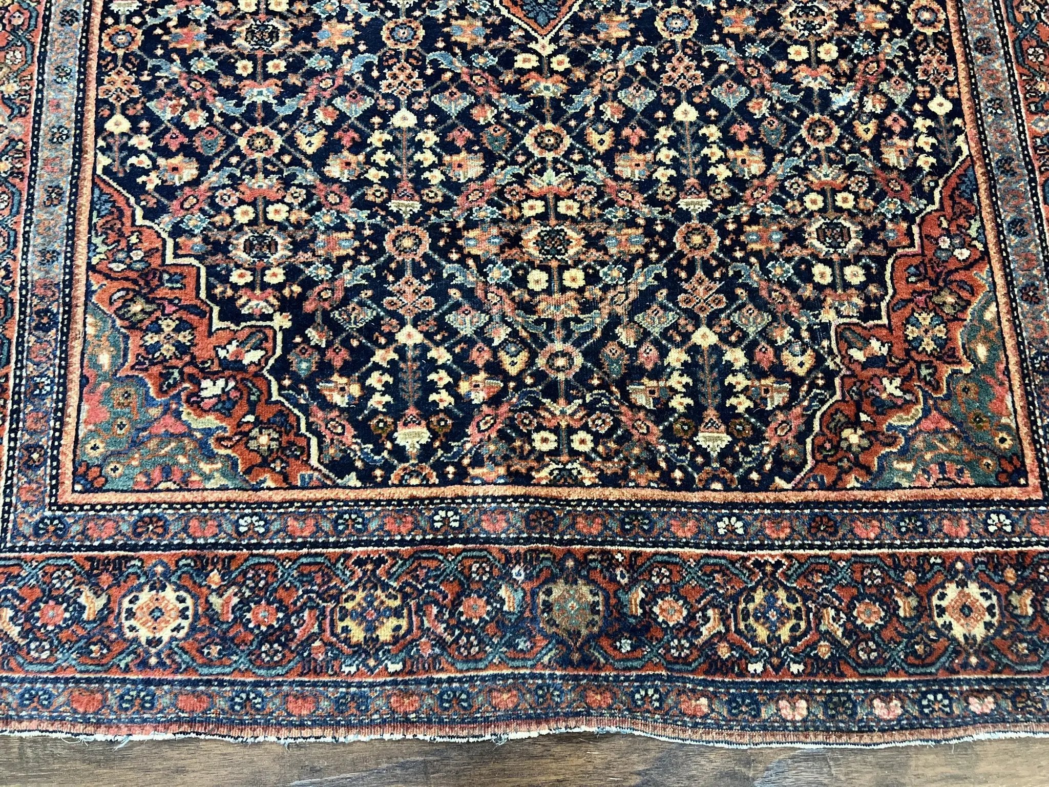 Persian Rug 4x7 Antique Sarouk Farahan Carpet, Navy Blue and Red Wool Rug by Jewel Rugs