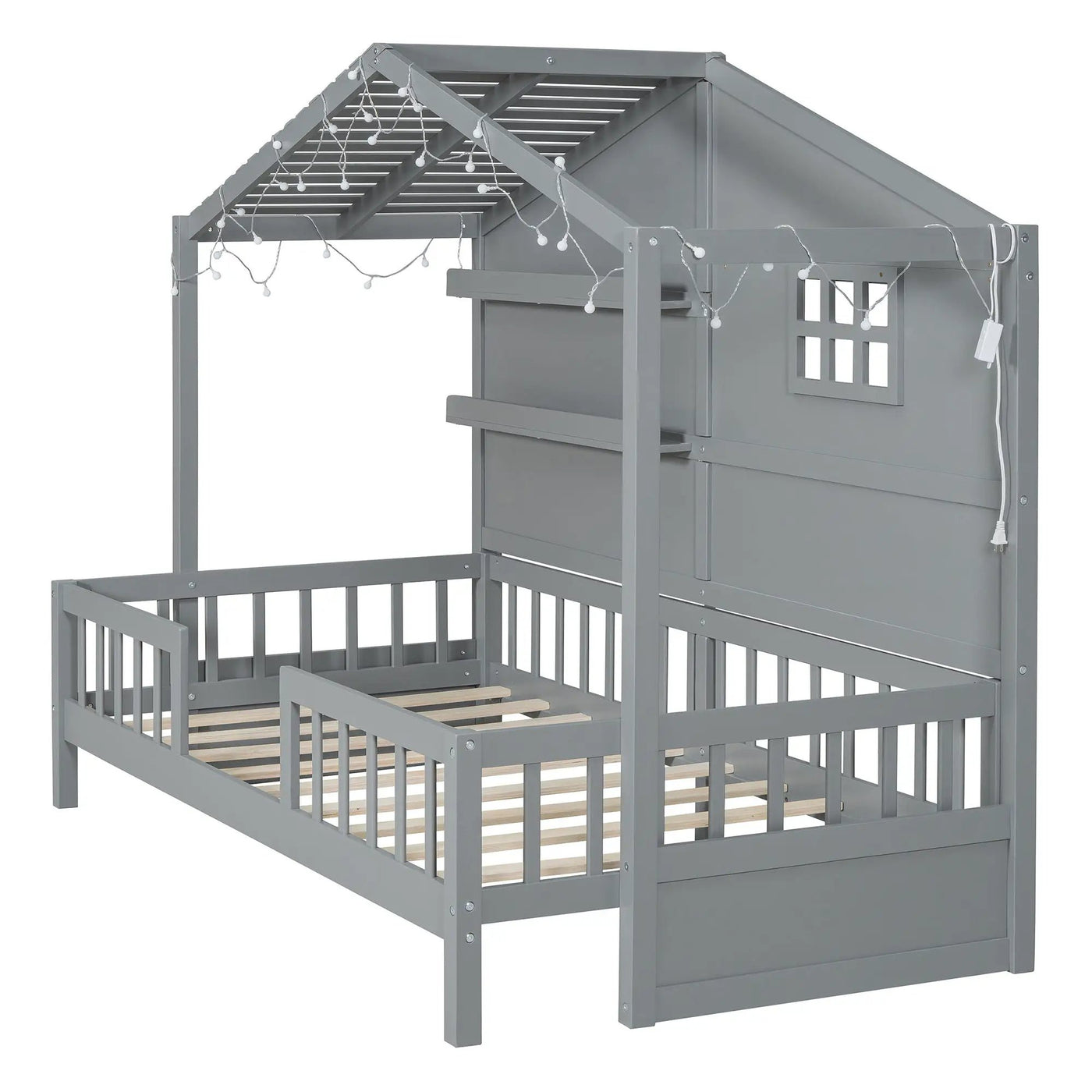 House Bed With Shelves, Window And Sparkling Light Strip On The Roof by Unique Piece Furniture