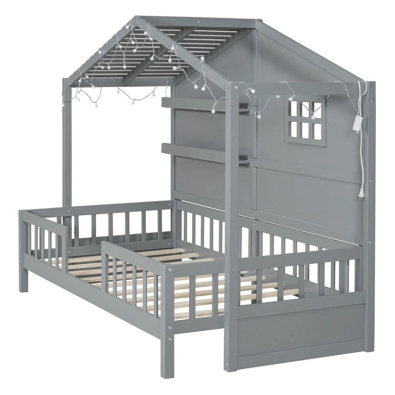 House Bed With Shelves, Window And Sparkling Light Strip On The Roof by Unique Piece Furniture