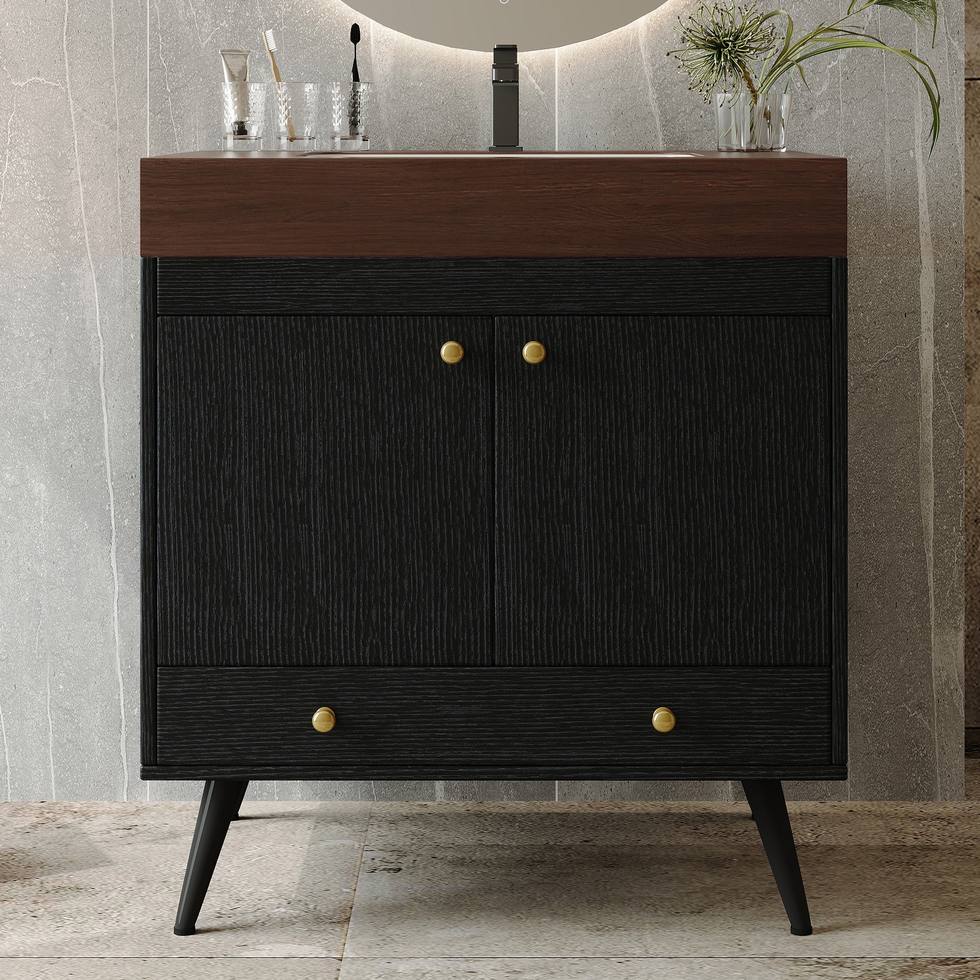 Contemporary Free-standing Bathroom Vanity with Faux Marble Top & Ceramic Sink by HouseOfZazla