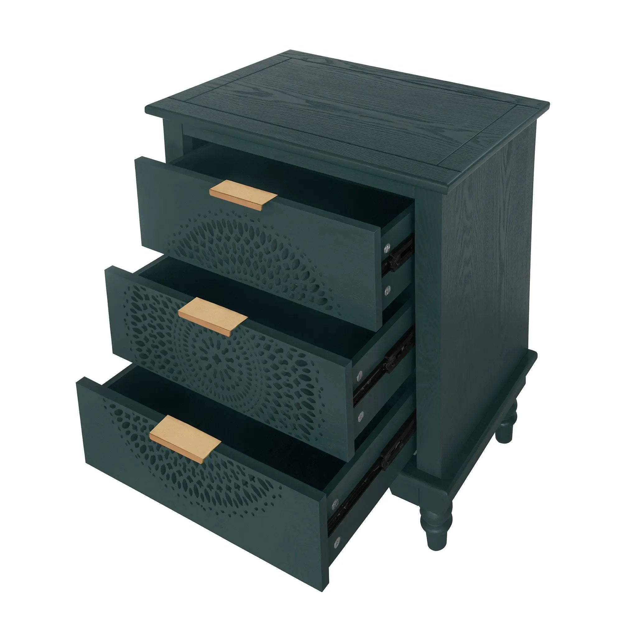 Hollow Carved 3 Drawer Dresser With Metal Handles, Storage Chest For Living Room Or Bedroom - Blackish Green by HouseOfZazla