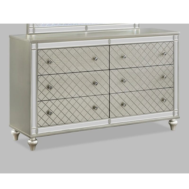 6 Drawer Bedroom Dresser With Diamond Patterned Drawer Fronts - Silver by HouseOfZazla
