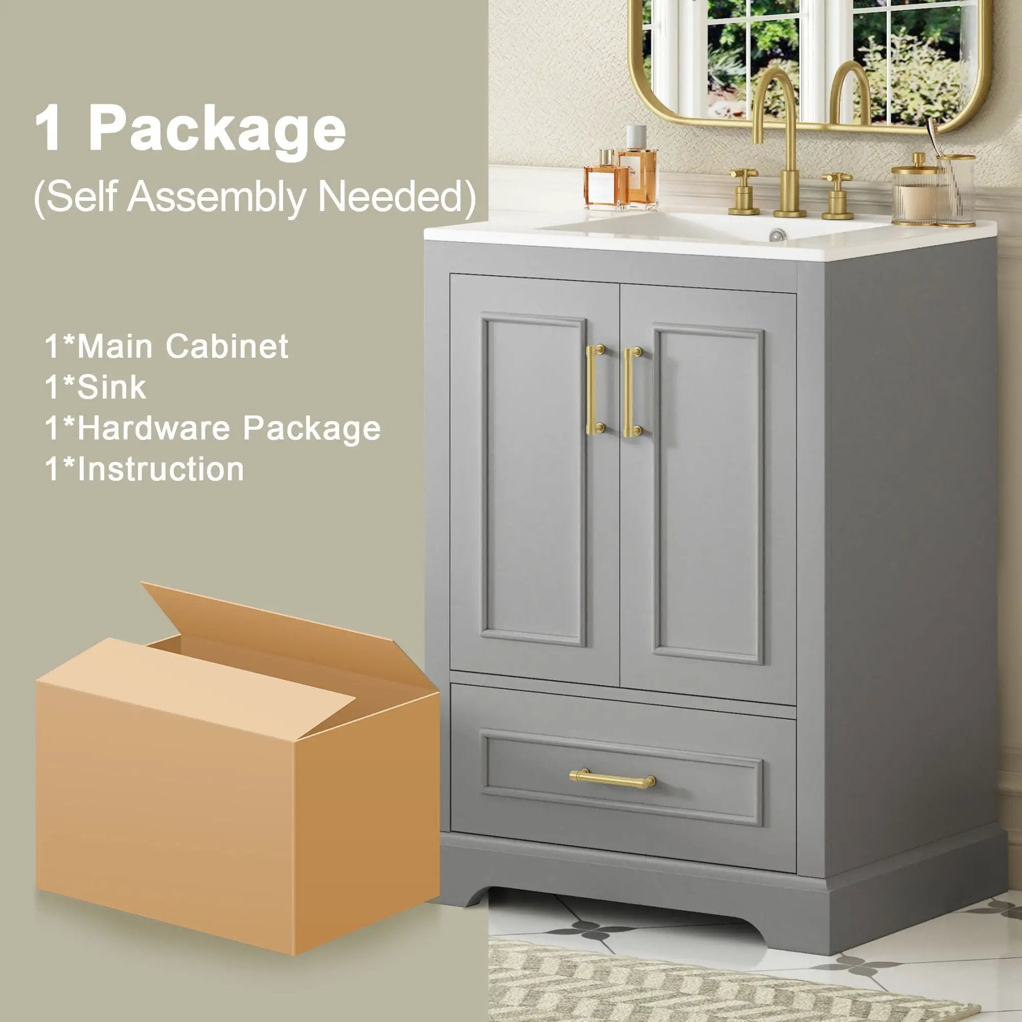 Bathroom Vanity With Sink, 1 Divided Drawer And 2 Soft Close Doors With Double Shelf